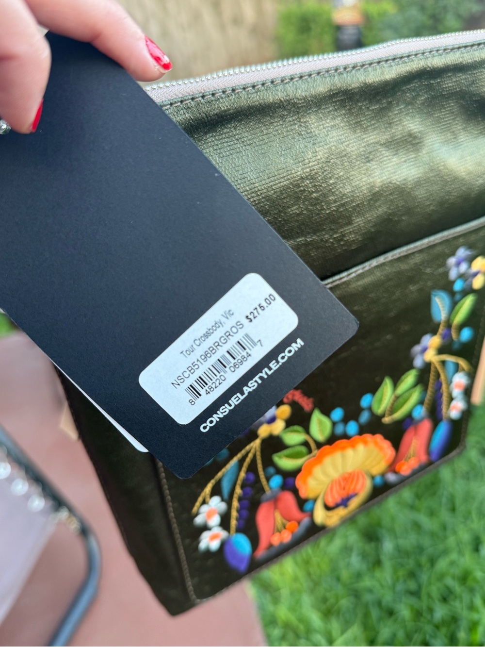 NWT Consuela Tour Crossbody Bag Olive Floral Embroidered Leather Trim - Picture 5 of 16